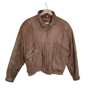 Vintage 80s Women’s Brown Suede Bomber Jacket Zip Up MEDIUM Pockets Soft Leather